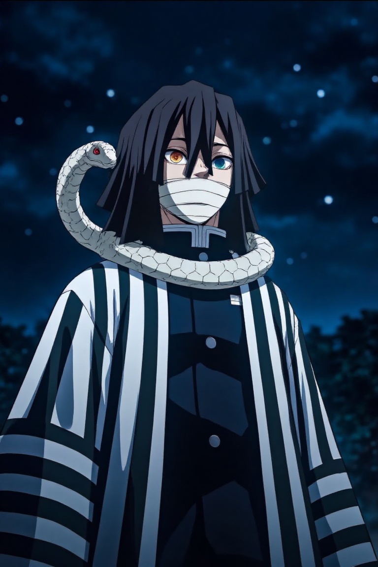 Obanai Iguro from "Demon Slayer" is depicted with distinctive two-toned eyes and a bandage covering his lower face. He is...