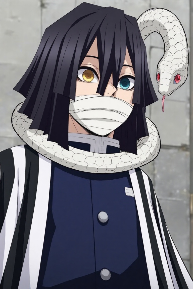 Obanai Iguro from Demon Slayer,  depicted with distinct heterochromatic eyes—one yellow,  the other blue-green. He has str...