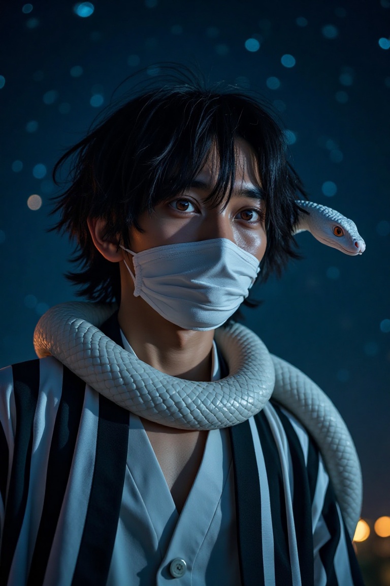 Obani Iguro,  a Hollywood-style photorealist,  is depicted with distinctive two-toned eyes and a bandage covering his lowe...