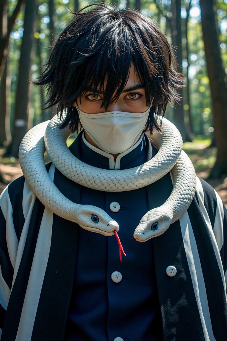 Obanie Iguro,  a Hollywood-style photorealist with yellow and purple eyes,  wears a white mask covering his mouth. A white...