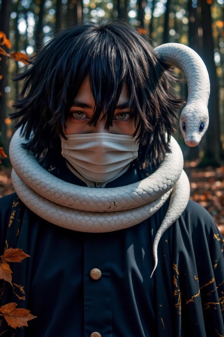 Obanai Iguro with distinctive heterochromatic eyes,  wearing a mask that covers his mouth. A white snake with blue eyes is...