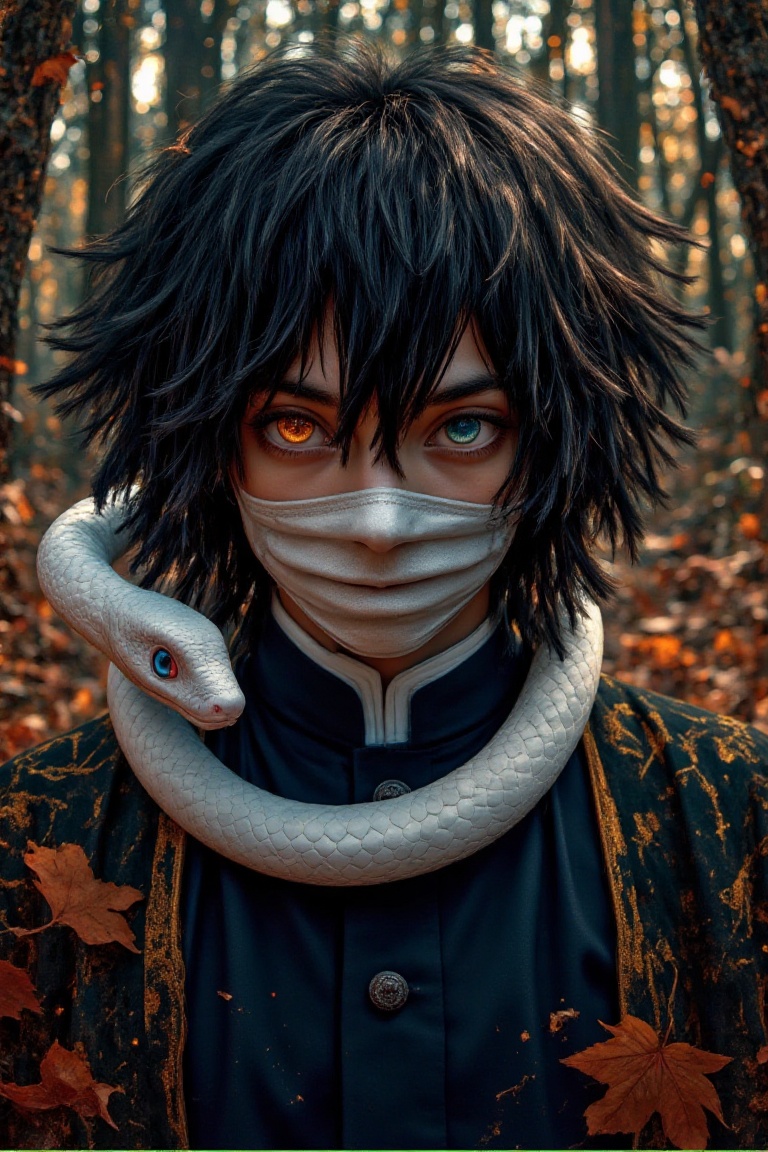 Obanai Iguro with distinctive heterochromatic green eyes,  yellow eyes,  wearing a mask that covers his mouth. A white sna...