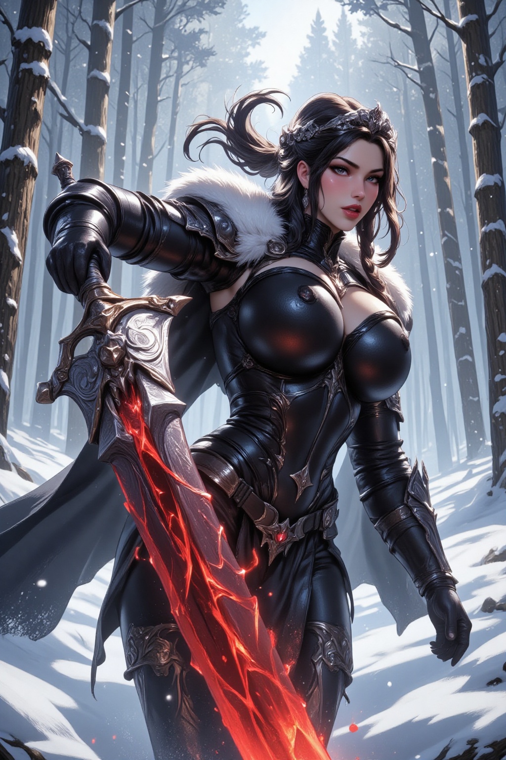 Frozen Fray: A barbarian warrior,  encased in battered black chrome armor,  charges forward amidst a blustery snowy forest...