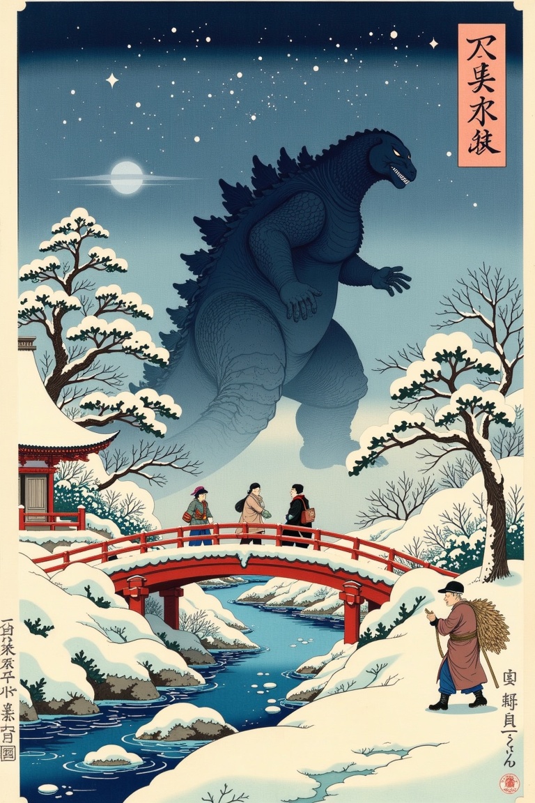 In the style of Ukiyo-e,  The image depicts a serene winter landscape with a snow-covered scene. In the foreground,  there...
