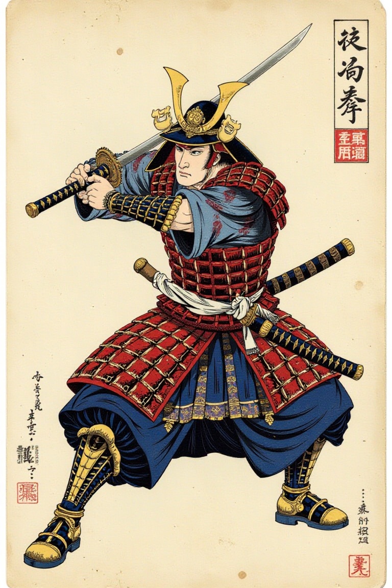 In the style of Ukiyo-e ,  The image depicts a traditional Japanese samurai warrior in a dynamic pose,  wielding a katana...