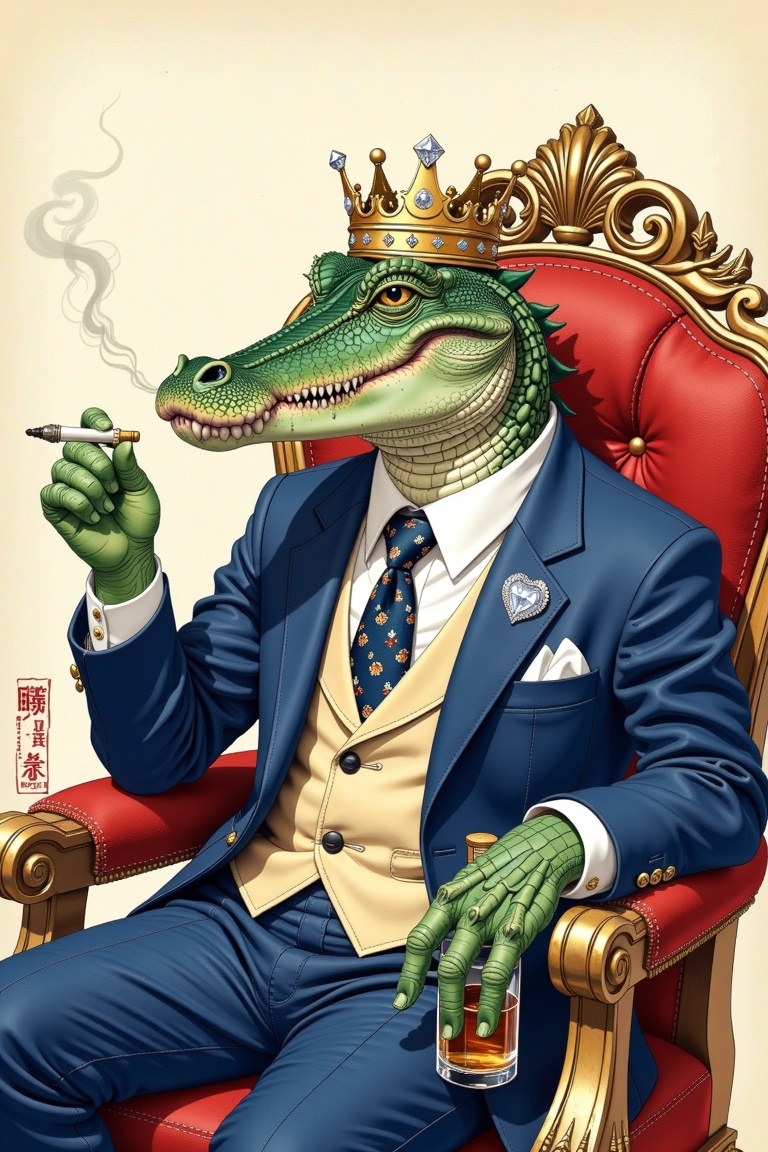 Illistration painting An anthropomorphic crocodile in the style of Ukiyo-e,  wearing a suit and tie,  sitting on a throne....
