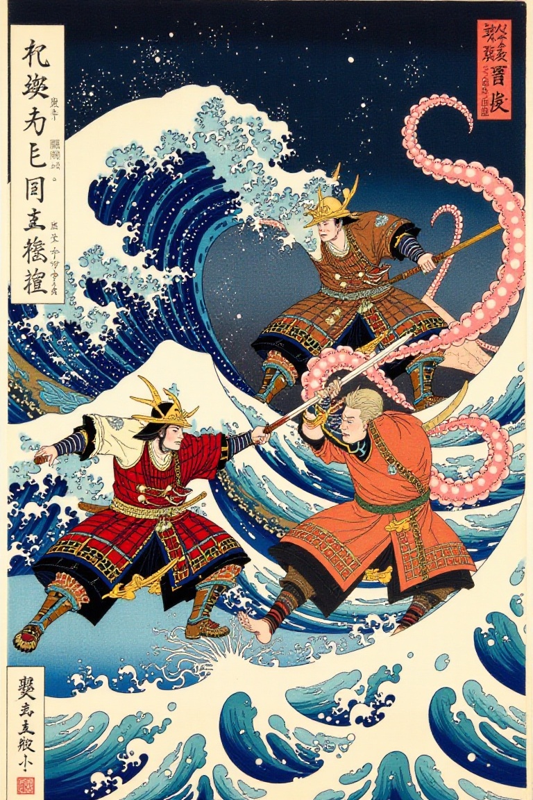The image is a traditional Japanese ukiyo-e print,  depicting a dramatic scene of warriors battling an octopus in the mids...