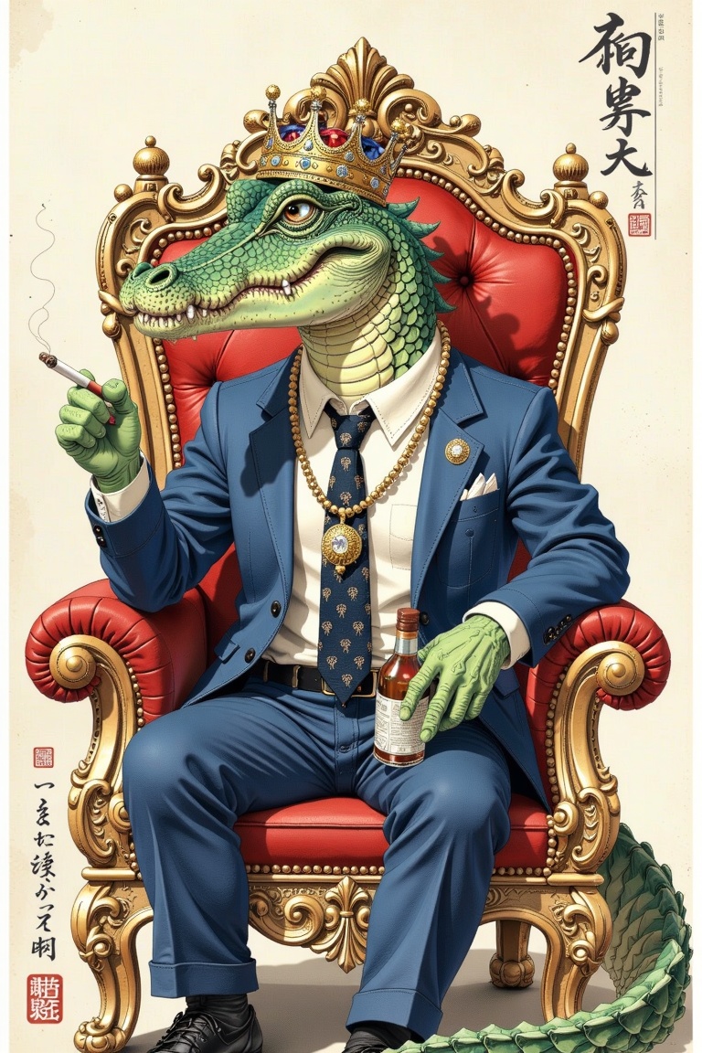 Illistration painting An anthropomorphic crocodile in the style of Ukiyo-e,  wearing a suit and tie,  sitting on a throne....