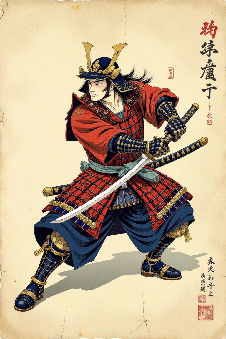 In the style of Ukiyo-e ,  The image depicts a traditional Japanese samurai warrior in a dynamic pose,  wielding a katana...