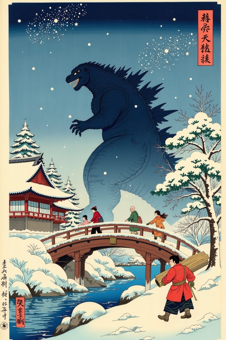 In the style of Ukiyo-e,  The image depicts a serene winter landscape with a snow-covered scene. In the foreground,  there...