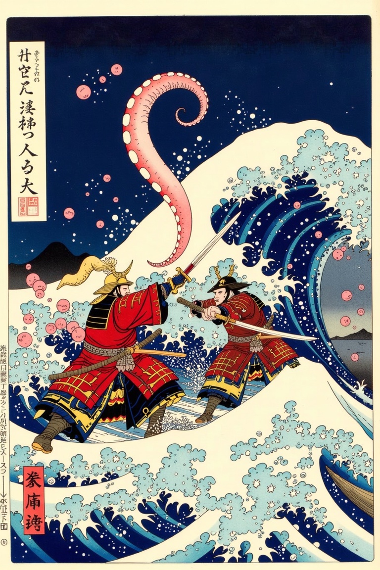 The image is a traditional Japanese ukiyo-e print,  depicting a dramatic scene of warriors battling an octopus in the mids...