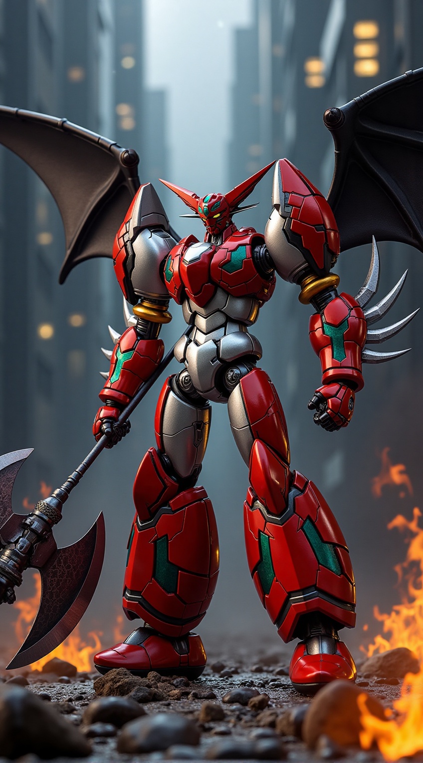 Portrait of getter robo standing,  shin getter,  holding weapon on Tensor.Art