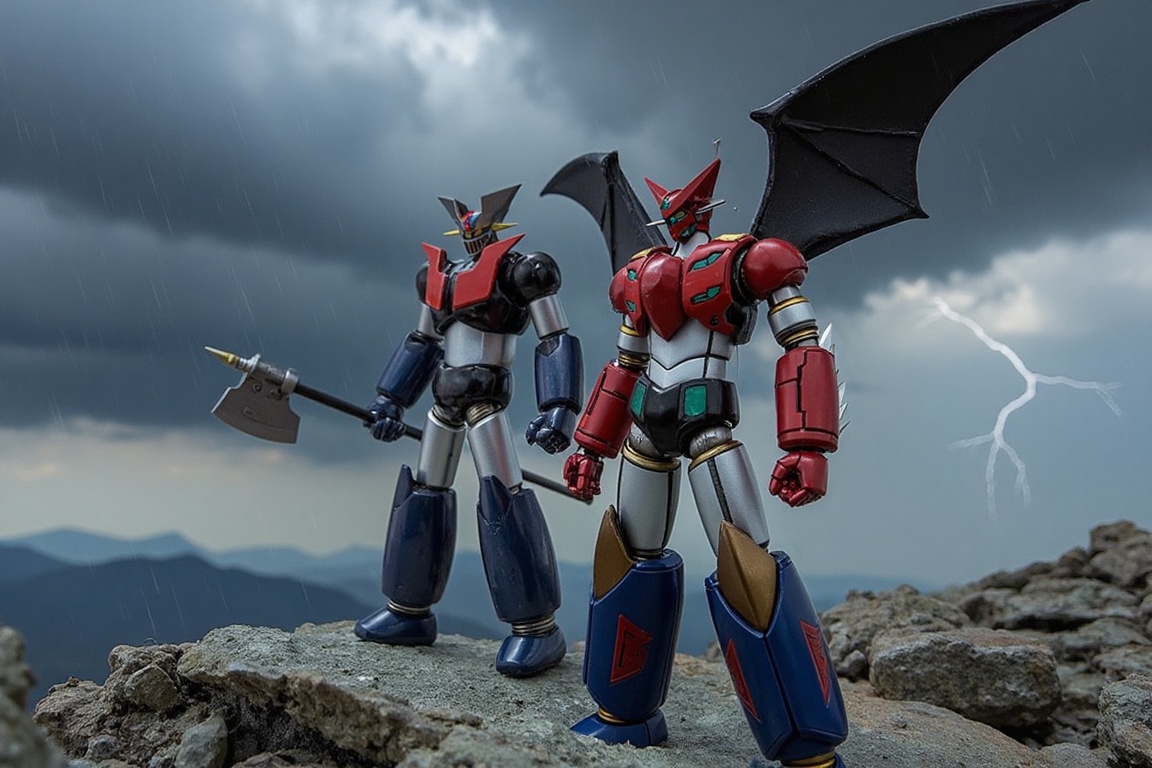 Getter Robo and Mazinger Z standing on a mountain,  storm,  rain on Tensor.Art