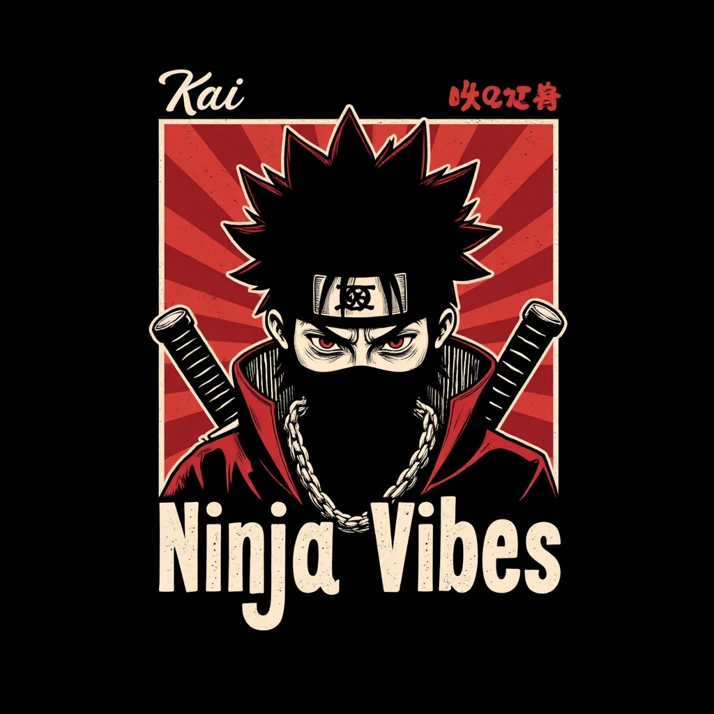 Wide vector designs printed on a black t-shirt in a manga art style,  featuring a character named ‘kai’ and the text ‘Ninj...
