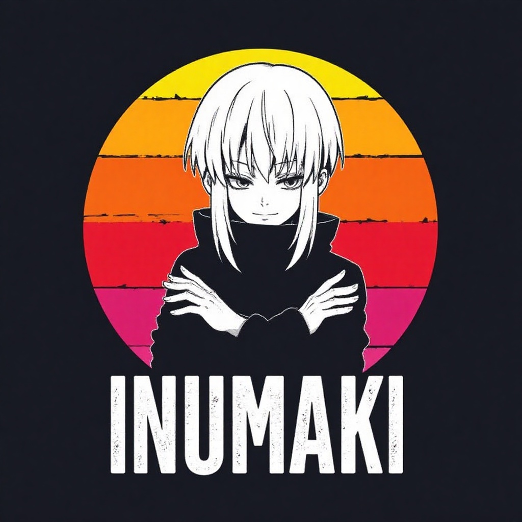 T-shirt design featuring a character named Inumaki. The character has white hair and is wearing a high-collared black garm...