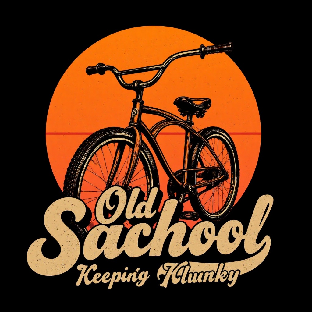 T-shirt design featuring a vintage bicycle with wide handlebars and a thick front tire,  positioned against a stylized ora...