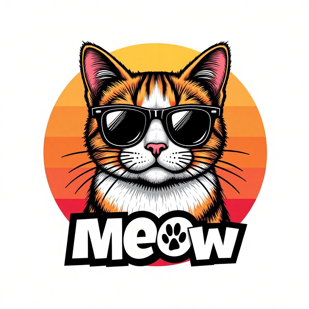 Wide vector designs printed on a white t-shirt showcasing a pop art portrait of a cool cat and the text ‘Meow’ on Tensor.Art