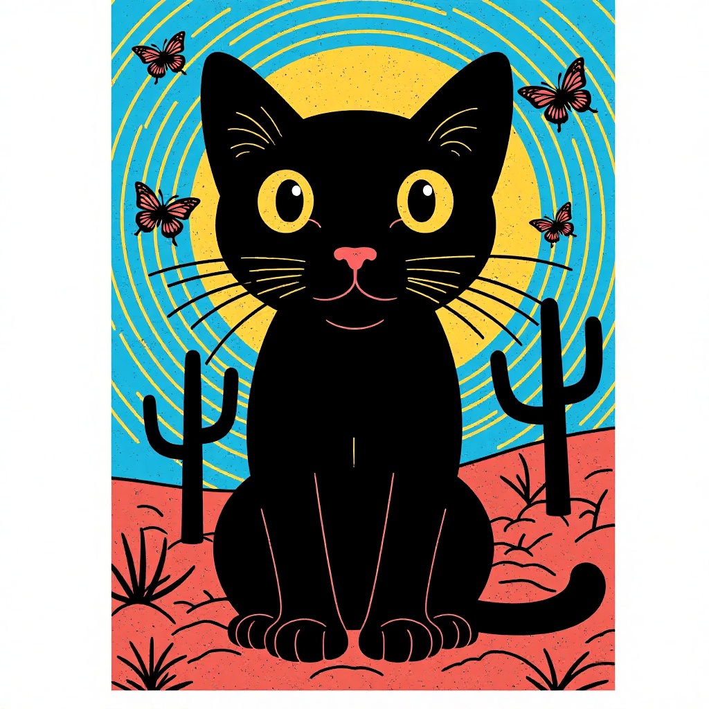 A T-shirt design depicting a wide-eyed black panther surrounded by artistic patterns. The background consists of a blue sk...