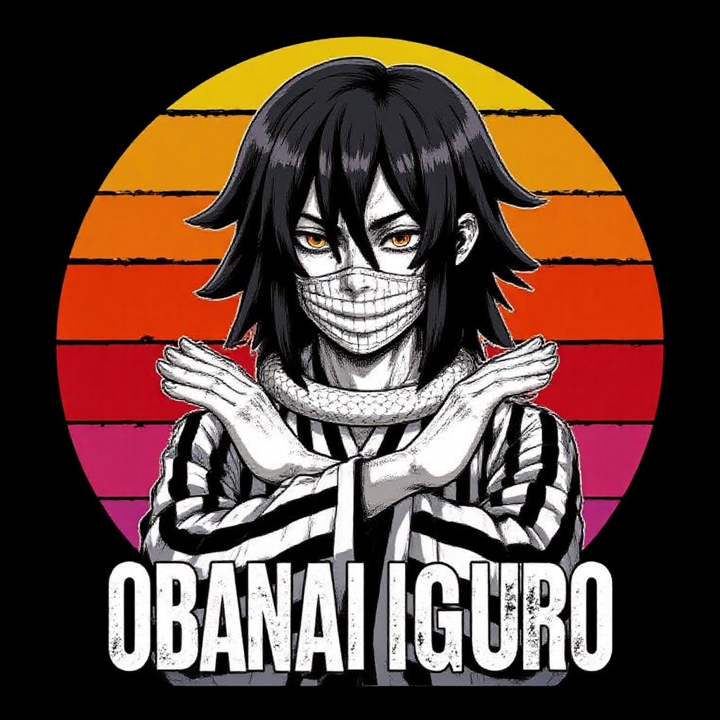 Prompt: T-shirt design Obanai Iguro from "Demon Slayer" with distinctive two-tone eyes,  He wears a black and white stripe...