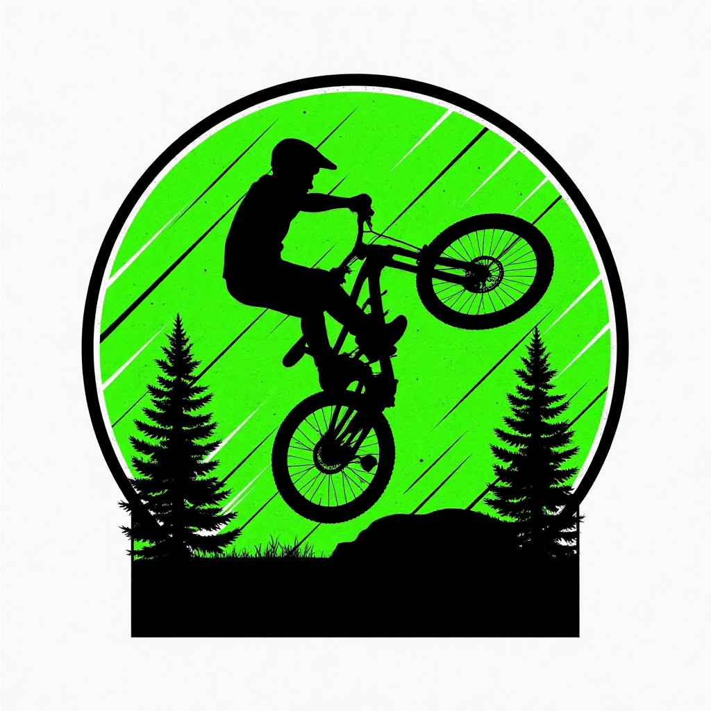 T-shirt design featuring a silhouette of a mountain biker performing a wheelie. The biker is set against a vibrant green c...