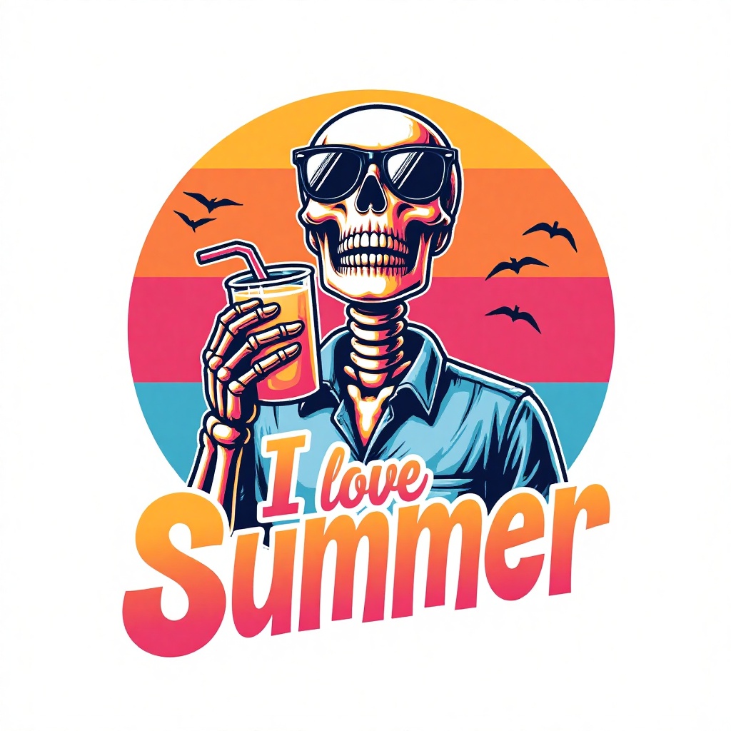T-shirt design featuring a playful skeleton wearing sunglasses and a casual shirt,  holding a drink with a straw. The back...