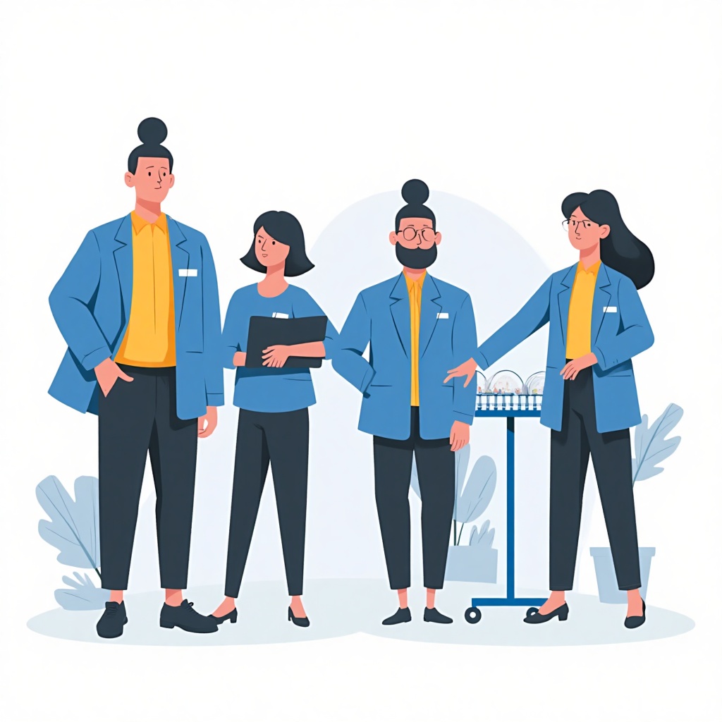 Flat art,  Flat color,  Flat illustration of four people standing in a line. The person on the left is wearing a blue suit...