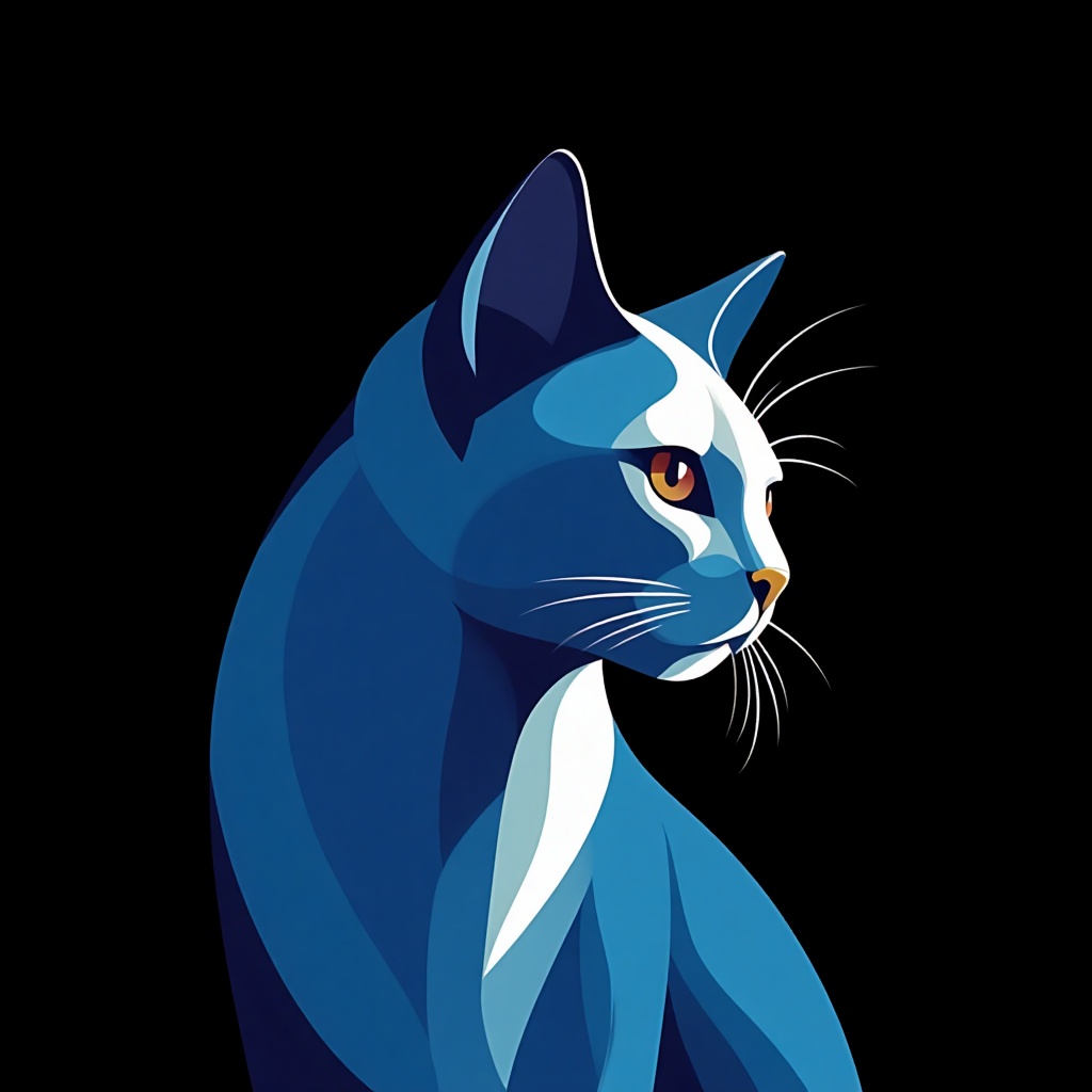Flat art,  Flat color,  Flat illustration of a cat's head and neck. The cat is facing towards the right side of the image....