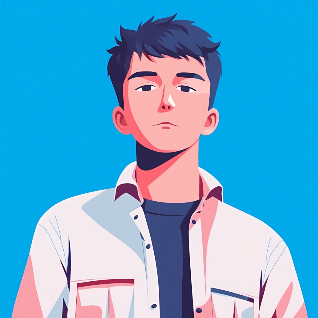 Flat art,  Flat color,  Flat illustration of a young man's face. The background is a bright blue color on Tensor.Art