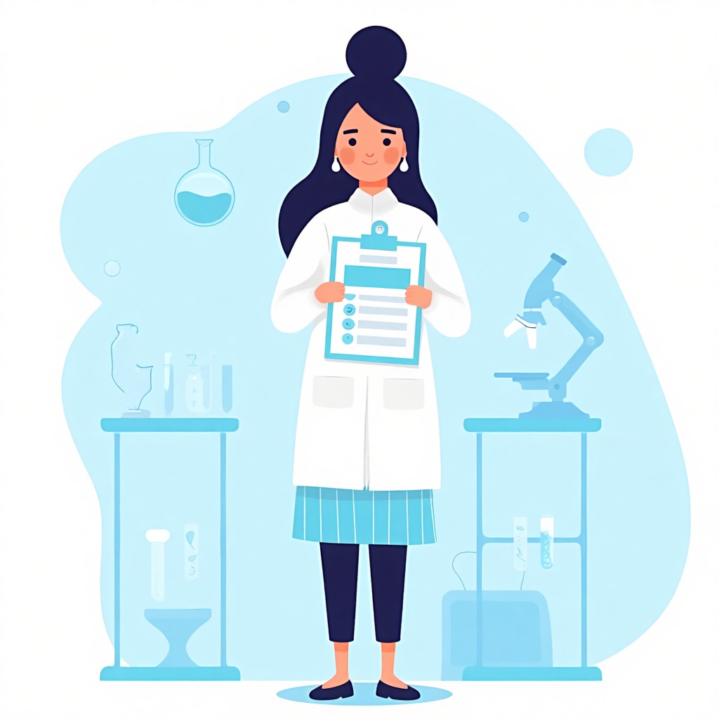 Flat art,  Flat color,  Flat illustration of a woman in a laboratory setting. She is wearing a white lab coat with blue st...