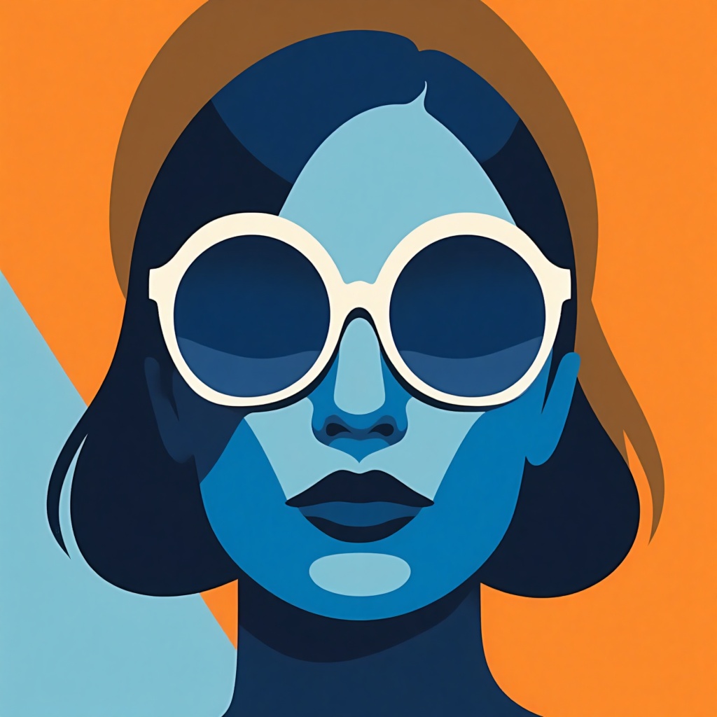 Flat art,  Flat color,  Flat illustration of a woman's face. The background is a gradient of orange and blue on Tensor.Art