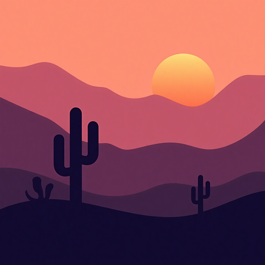 Flat art,  Flat color,  Flat illustration of a desert landscape. The background is a gradient of pink on Tensor.Art