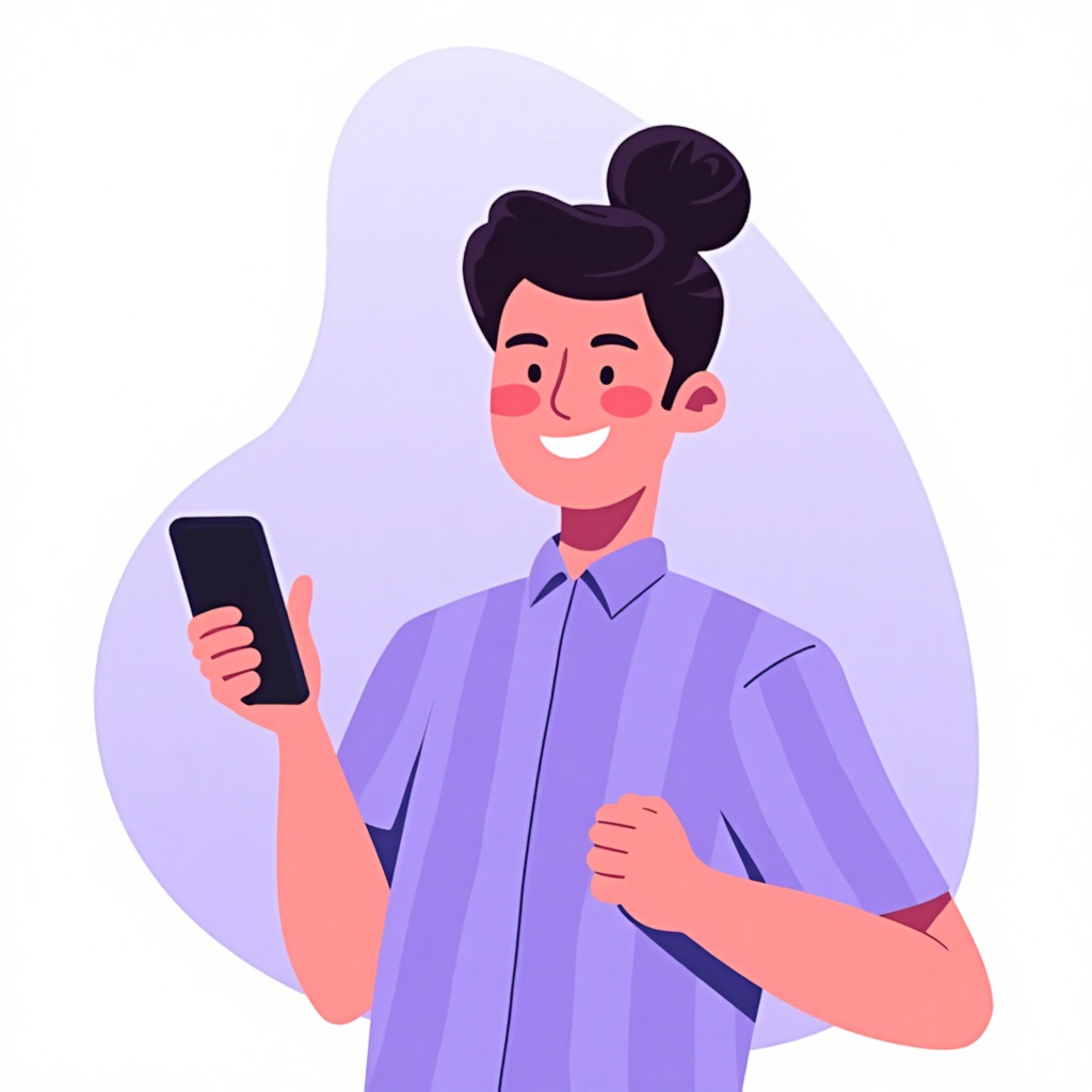 Flat art,  Flat color,  Flat illustration of a man's torso and upper body. The man is wearing a purple and white striped s...