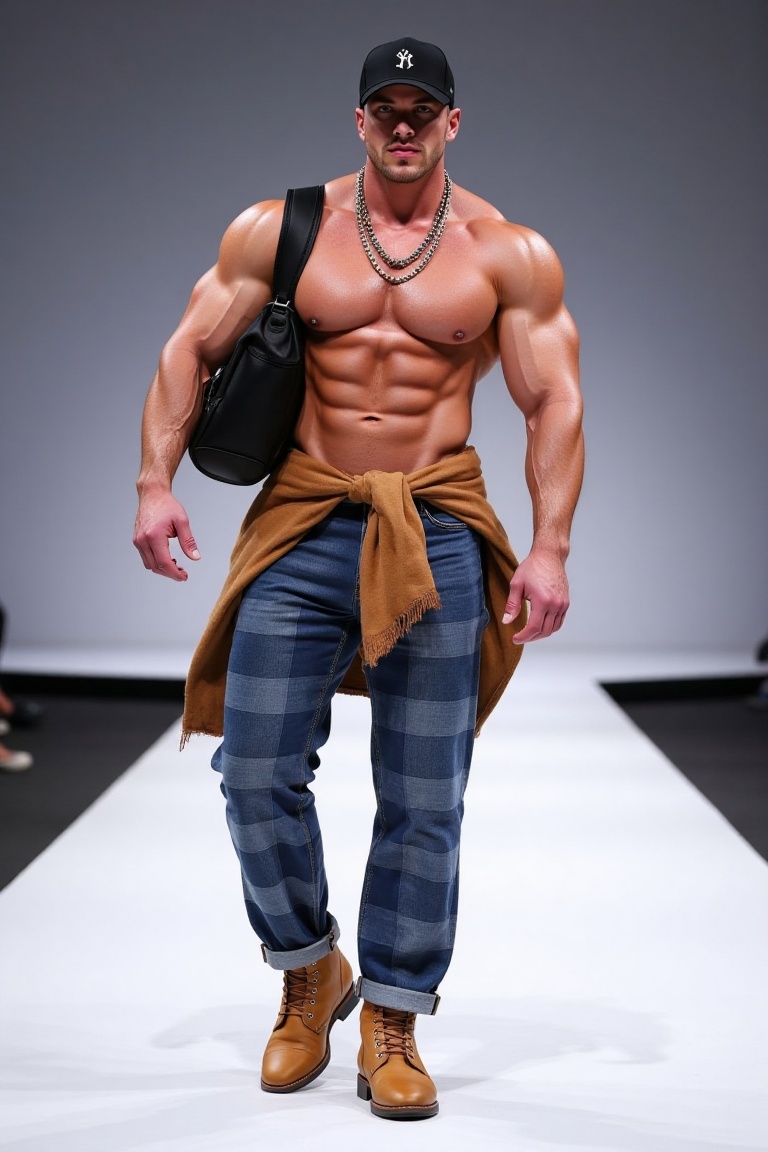 The image shows a fashion model walking on a runway,  showcasing a stylish and bold outfit. The model is shirtless,  weari...