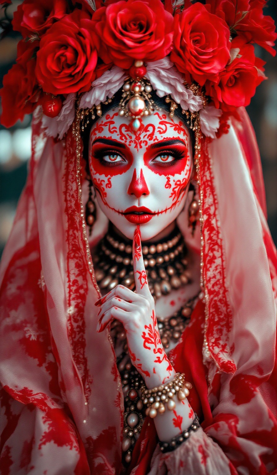 A solemn beauty stands before us,  adorned with vibrant red and white makeup designs forming intricate Dia de los Muertos...