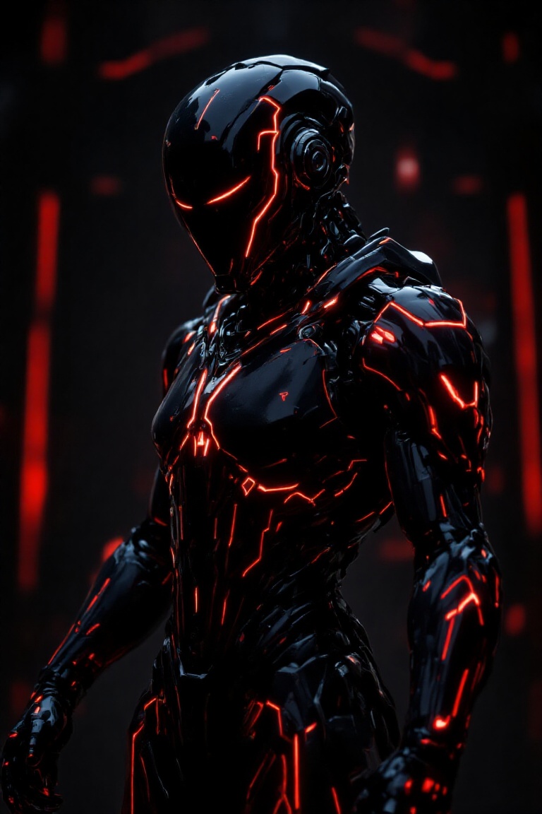 A futuristic,  robotic warrior with a sleek,  glossy black and red armor on Tensor.Art