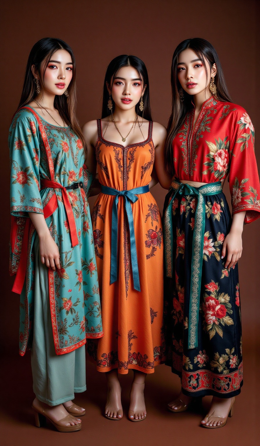 A 3 defrent region woman in one photo group model photography,  one woman is morden and one is indian women,  and one woma...