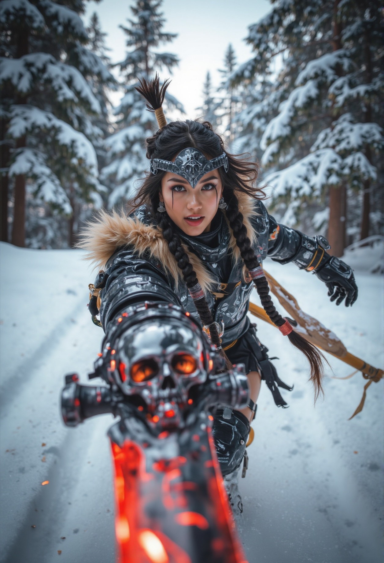A fierce Indian warrior charges forward through a blustery,  snow-laden forest,  her battered black chrome armor gleaming...