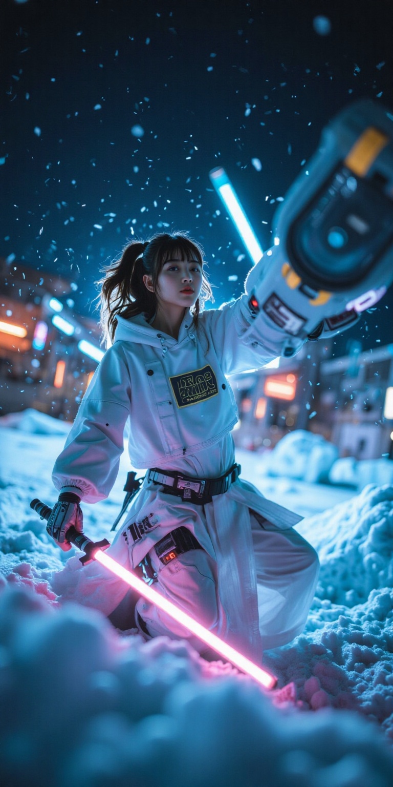 A cinematic shot from Star Wars,  featuring a cyborg woman in an action-packed dynamic pose. The camera captures her from...