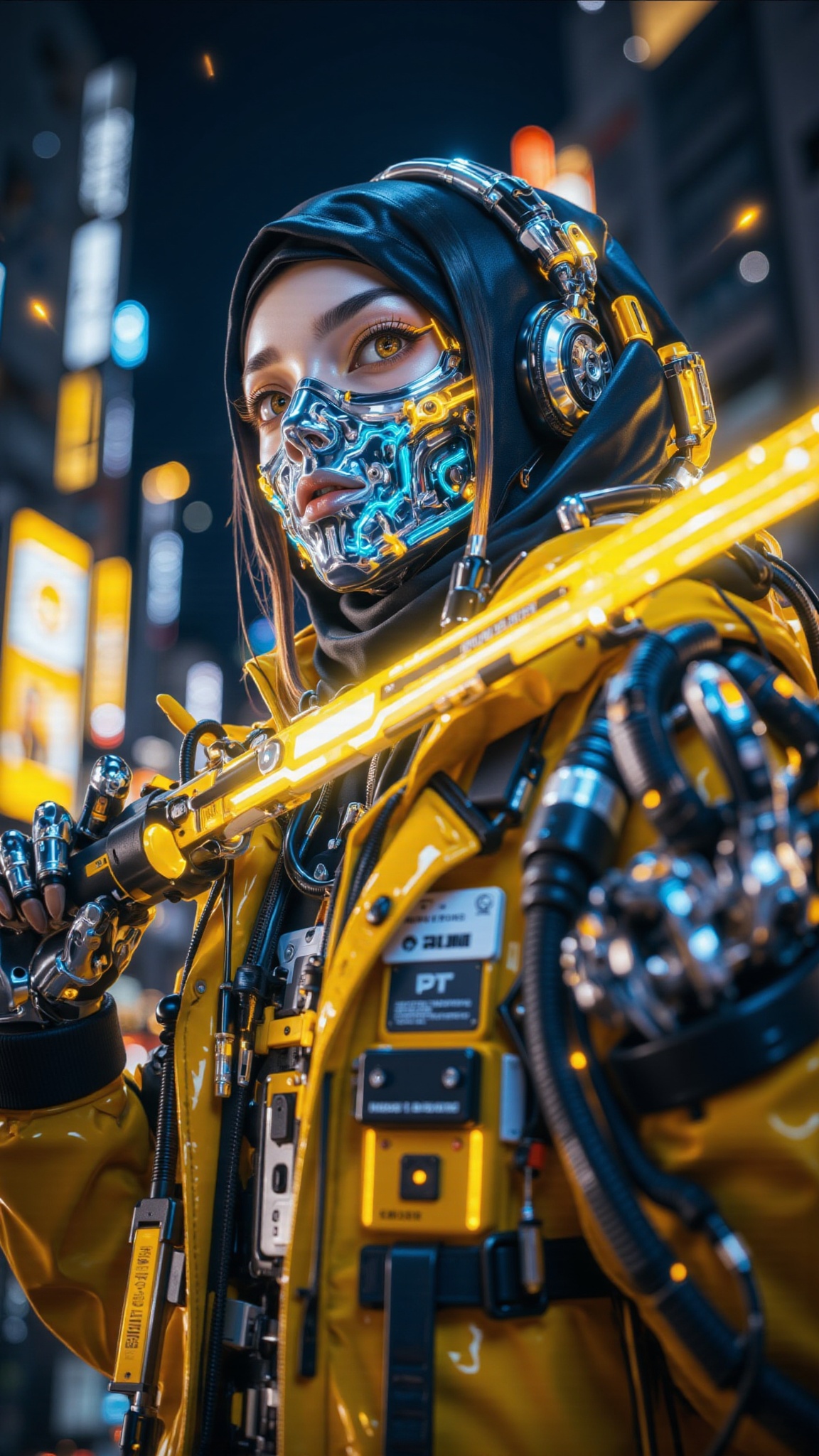 A futuristic cyberpunk-inspired digital illustration of a cybernetic female humanoid wear hijab with a striking blend of h...