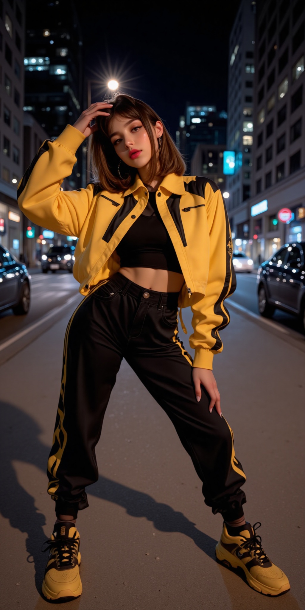 The image shows a person standing on a sidewalk at night,  wearing a bright yellow jacket with black accents and a black c...