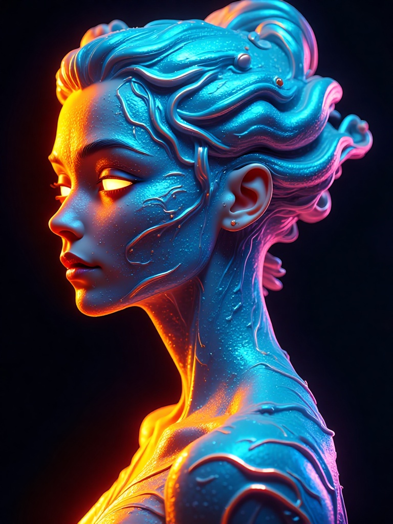 A mesmerizing futuristic cybernetic woman with an ethereal,  otherworldly appearance. Her face and body seamlessly merge w...