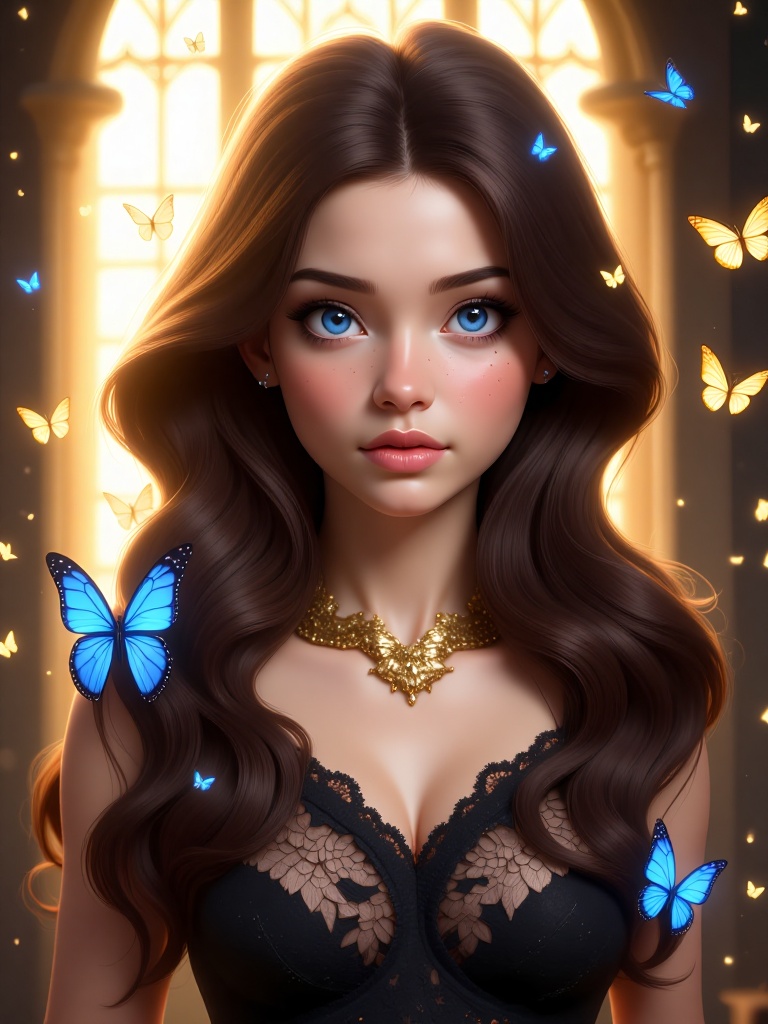 Stunning fantasy-style portrait of a young woman with long,  wavy dark brown hair adorned with golden and blue butterflies...