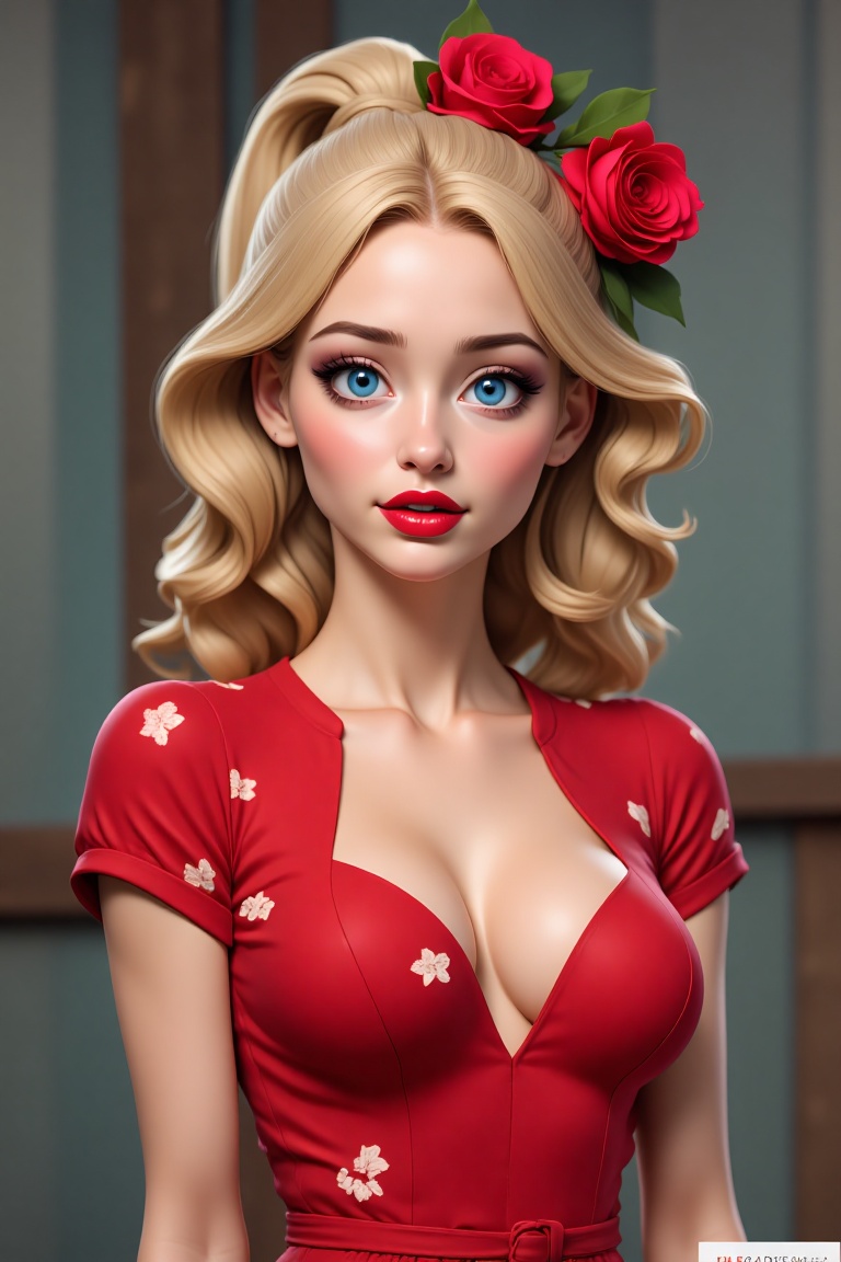 A woman is standing in front of a blurred background. She is wearing a short sleeved red dress. The dress has a floral pat...