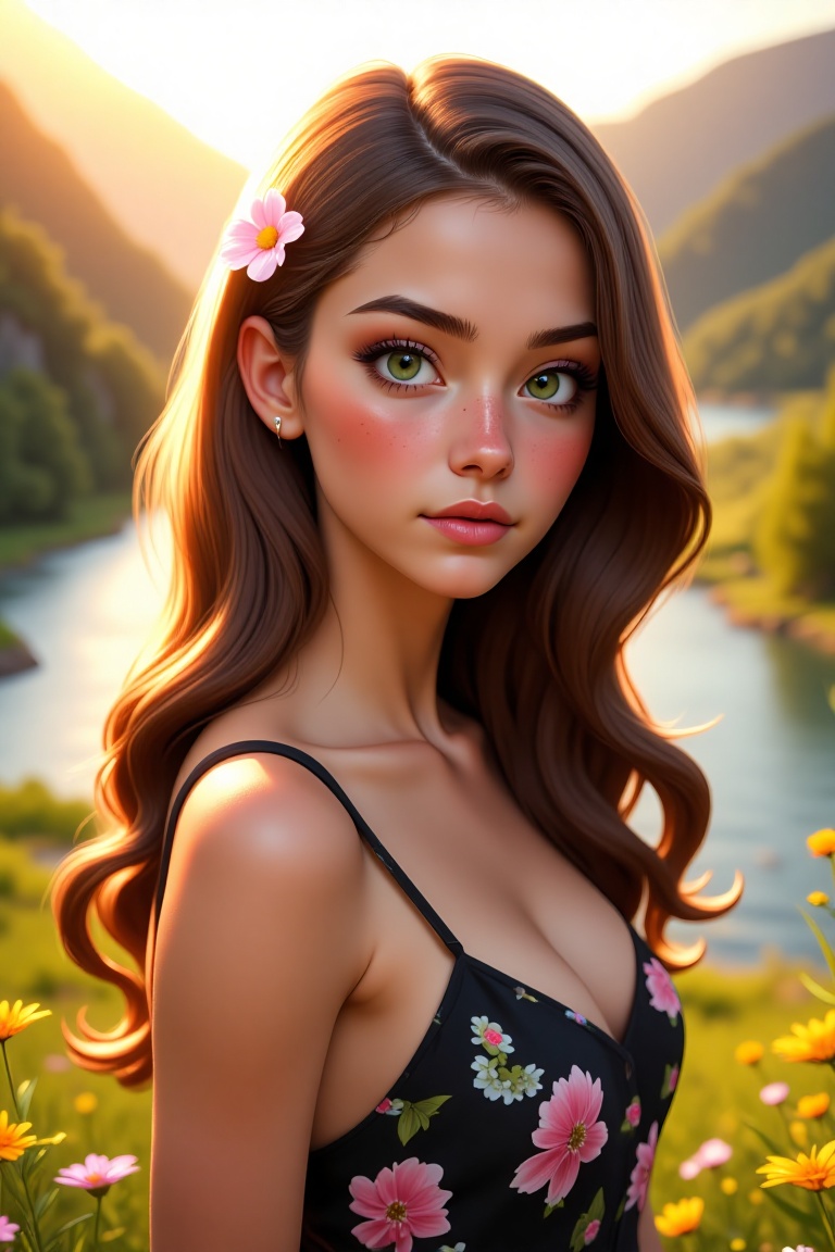a young woman with soft,  sun-kissed skin and natural freckles,  gazing gently at the viewer. She has deep green eyes on T...