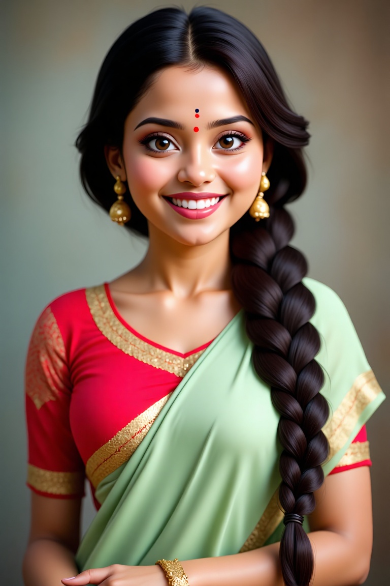 A breathtaking portrait of a young asian woman with a warm,  radiant smile,  exuding grace and elegance. She has deep brow...
