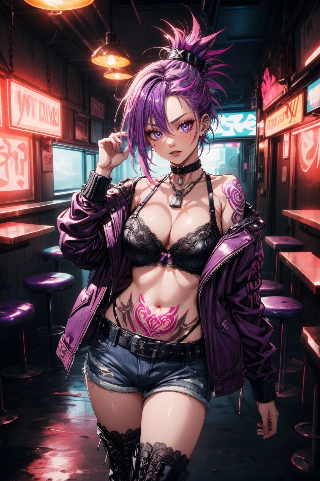 Create a character named Roxy,  A punk rocker girl who exudes a rebellious and revolutionary spirit. Roxy's distinctiv...
