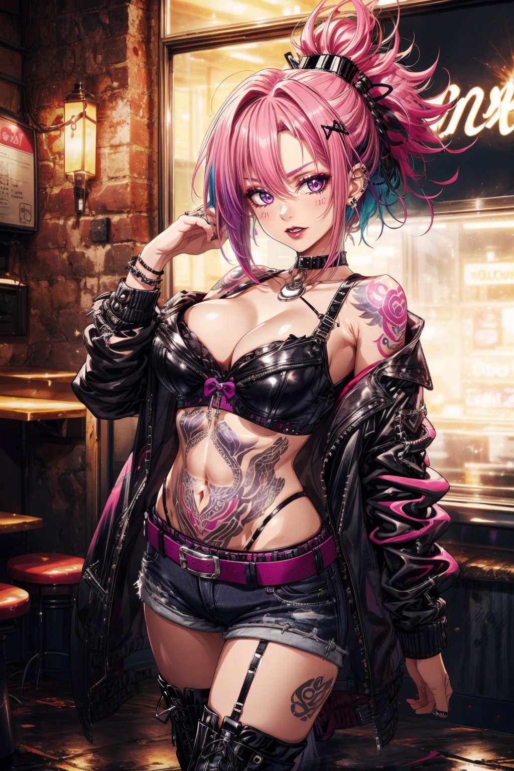Create a character named Roxy,  A punk rocker girl who exudes a rebellious and revolutionary spirit. Roxy's distinctiv...