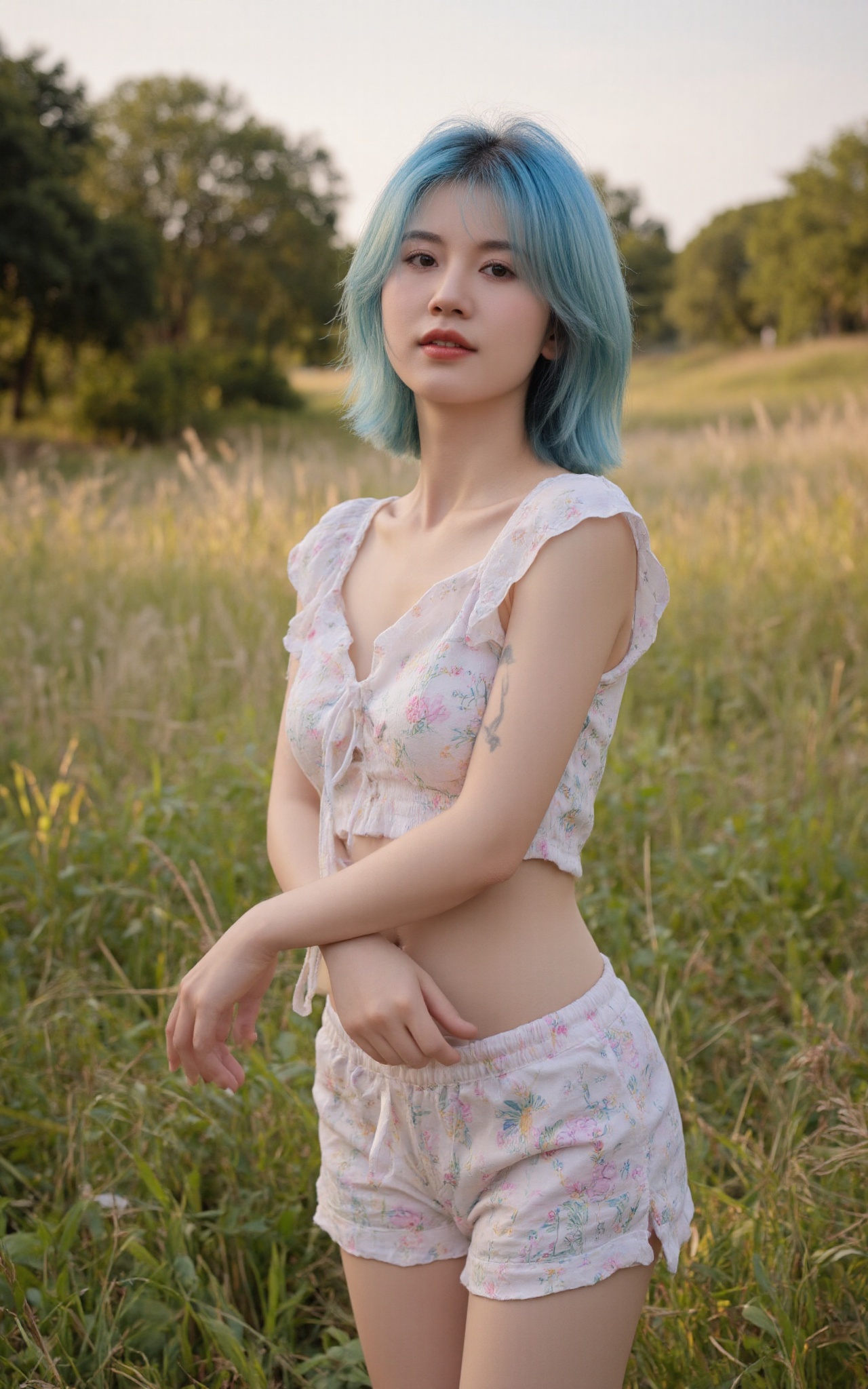 A whimsical portrait of a beautiful woman with striking blue hair,  adorned with intricate tattoos that seem to dance acro...