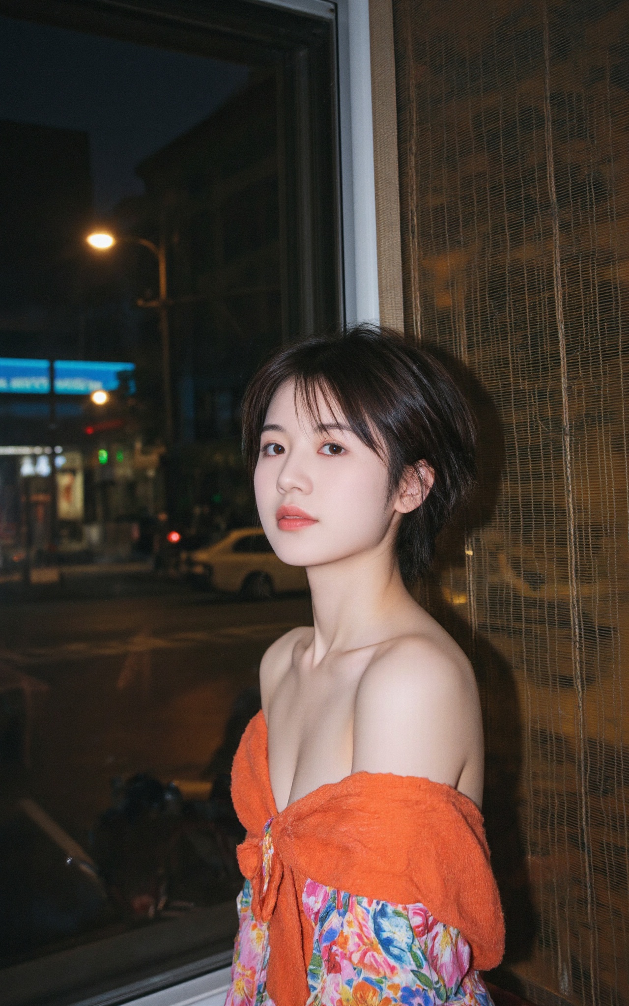 1girl dressed with Modest bare-shoulder tops and vivid colors,  facing window,  night on Tensor.Art