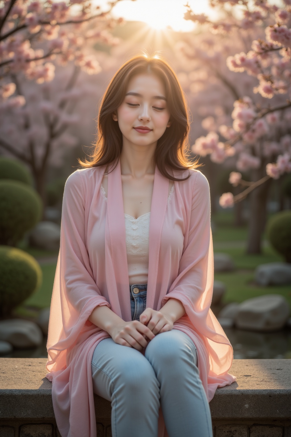 A young Asian woman sitting on a worn stone bench in a serene Japanese garden at dusk,  surrounded by lush greenery and vi...
